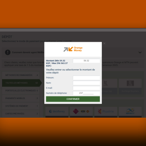 Saisie du montant à déposer sur Melbet