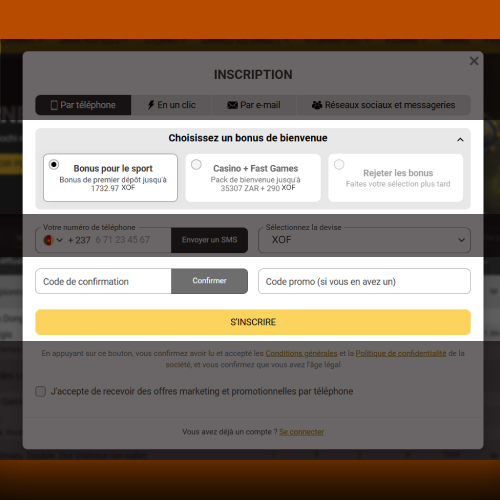 Sélection du bonus de bienvenue et saisie du code promo Melbet