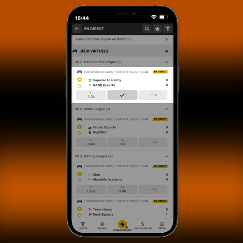 Sélection d’un tournoi CS2 sur le site Melbet